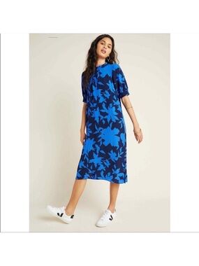Anthropologie Blue Floral Midi Dress Shift Puff Sleeve Size XL